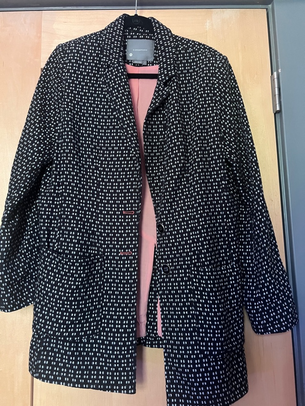 Anthropologie Black & White Patterned Blazer with Pink Lining